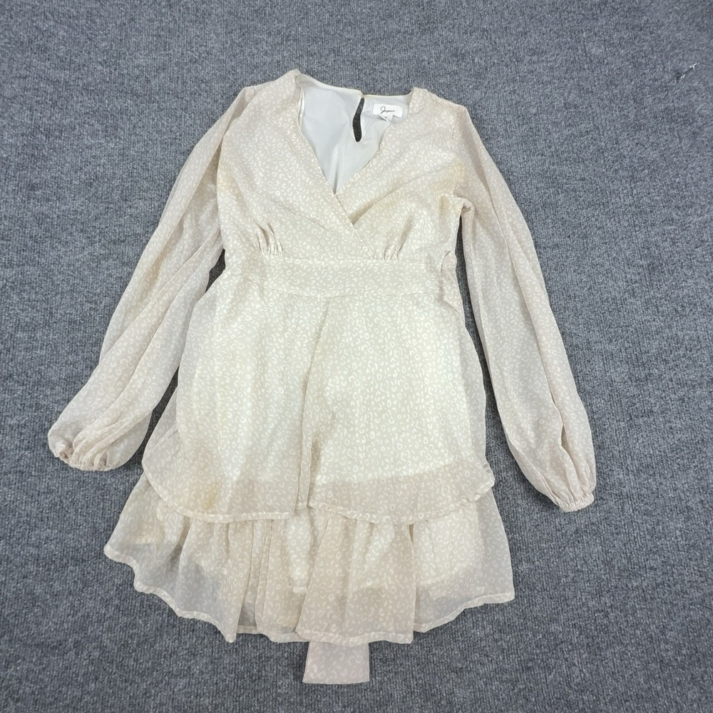 Japna Dress Womens Small White Animal Print Wrap Ruffle Long Sleeve Mini